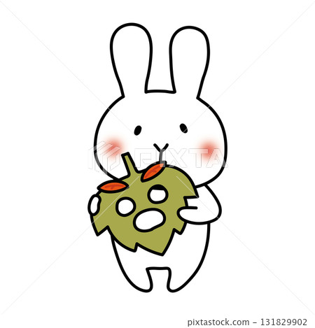 White rabbit with a fallen leaf mask 131829902