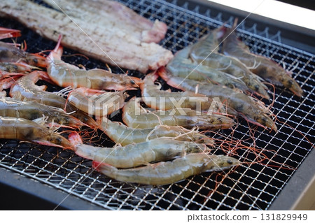Fresh Shrimp Grilling on the Barbecue Fresh Shrimp Grilling on the Barbecue 131829949