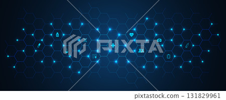 Healthcare and technology concept with flat icons and symbols. Template design for health care business, innovation medicine, pharmaceutical industry, science, medical research. 131829961