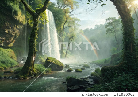 waterfall and river in the forest with rainbow 131830062