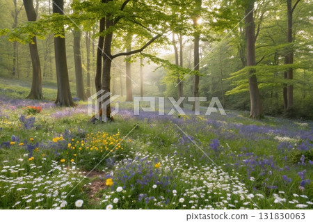 flower field with autumn trees with sunlight 131830063