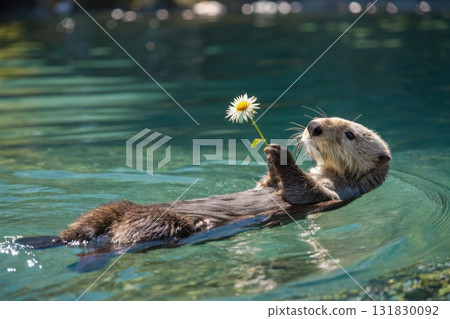 sea otter holding flower while swimming in the water sea otter holding flower while swimming in the water 131830092