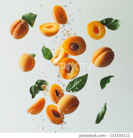 Apricots levitating with water splash. Fresh fruit concept. 131830111