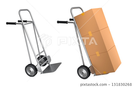 Set of Airport luggage cart or baggage trolley side with cardboard boxes or cartons 131830268