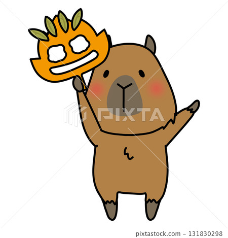 Capybara holding a fallen leaf mask Capybara holding a fallen leaf mask 131830298