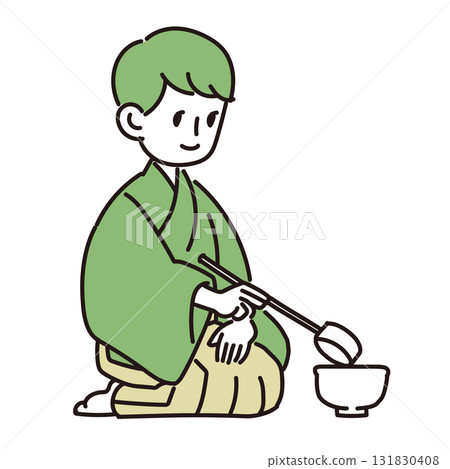 一名男子在茶道中使用勺子 一名男子在茶道中使用勺子 131830408