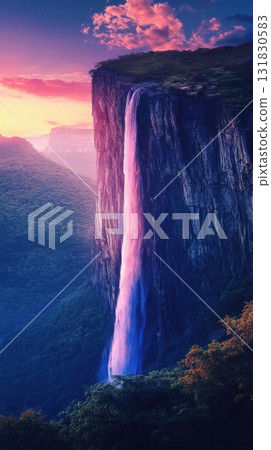 Waterfall in the mountains. Waterfall in the mountains at sunset. Waterfall in the mountains. Waterfall in the mountains at sunset. 131830583