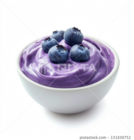 Blueberry yogurt decorated with fresh blueberries in white ceramic bowl isolated on white background Blueberry yogurt decorated with fresh blueberries in white ceramic bowl isolated on white background 131830752