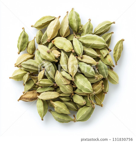 Top view of fresh green cardamom pods scattered isolated on white background 131830756