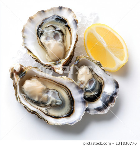 Top view of fresh oysters with a lemon piece and ice isolated on white background 131830770