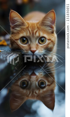 Close up of an orange cat reflecting in water. Concept of pets and nature. Close up of an orange cat reflecting in water. Concept of pets and nature. 131830851