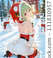Christmas image: Cute girl in Santa costume smiling in the snow, anime-style illustration, manga, AI-generated 131830957