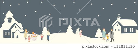 Isometric winter cityscape with people playing with snowflakes 131831130