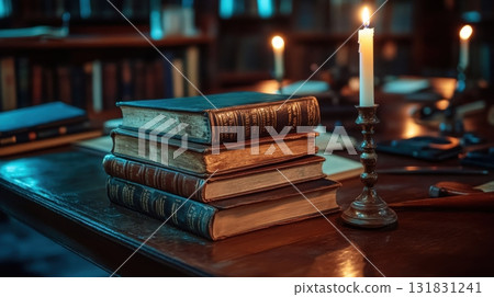 A stack of books is on a table with a candle in front of it 131831241