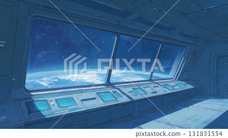 從太空船的窗戶看到的地球未來派科幻插圖背景資料 131831554