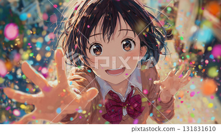 Anime style popping particles and smiling girl Anime style popping particles and smiling girl 131831610