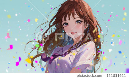 Anime style popping particles and smiling girl 131831611