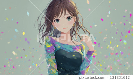 Anime style popping particles and smiling girl 131831612