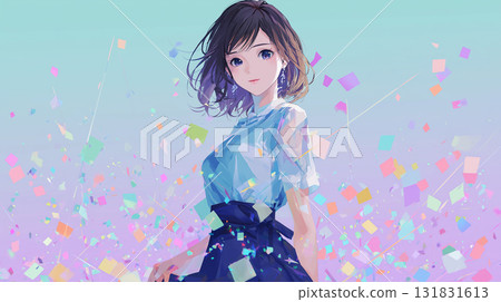 Anime style popping particles and smiling girl Anime style popping particles and smiling girl 131831613