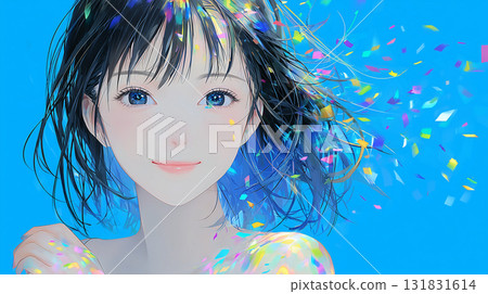 Anime style popping particles and smiling girl 131831614