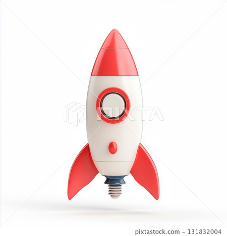 3D white and red Rocket Icon. Cartoon Rocket Ship Launching with Fire spaceship space isolated on white background 131832004