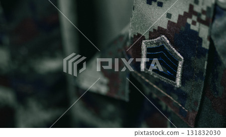 Military uniform detail close-up textile indoor macro view precision craftsmanship 131832030