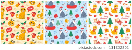 Merry Christmas Seamless Pattern Illustration with Holiday Decoration Elements and Festive Ornaments 131832201