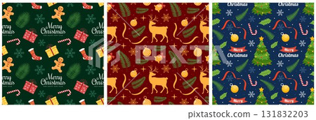 Merry Christmas Seamless Pattern Illustration with Holiday Decoration Elements and Festive Ornaments Merry Christmas Seamless Pattern Illustration with Holiday Decoration Elements and Festive Ornaments 131832203