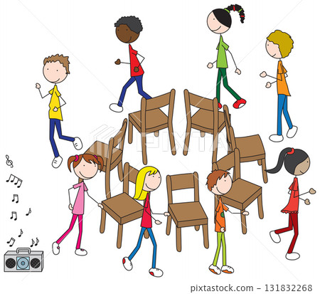 Happy kids playing musical chairs Happy kids playing musical chairs 131832268