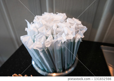 Decorative paper straws display for events kitchen food modern environment close-up view 131832566