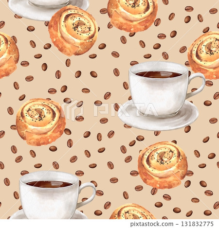 Seamless pattern with coffee cups, watercolor cinnamon swirl buns, and scattered coffee beans on beige background. Design for bakery branding, cafe textile, digital paper, or pastry packaging. 131832775