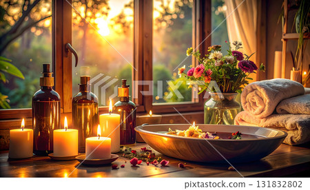 Aroma bottles and candles placed on a windowsill Aroma bottles and candles placed on a windowsill 131832802