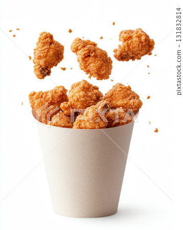 Fried chicken flying out in the air of white paper bucket isolated on white background 131832814
