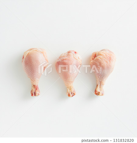 Top view of fresh raw three chicken legs isolated on white background 131832820
