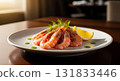 Boiled Shrimps with Lemon and Herbs on Plate 131833446