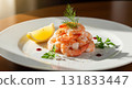 Shrimp Salad with Lemon and Parsley on White Plate 131833447