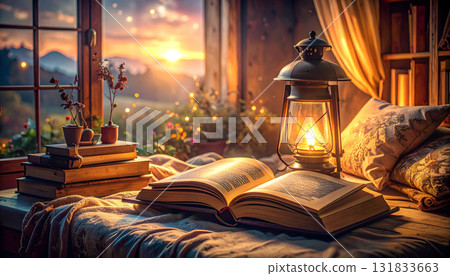 A window with antique books and a lamp in the setting sun A window with antique books and a lamp in the setting sun 131833663