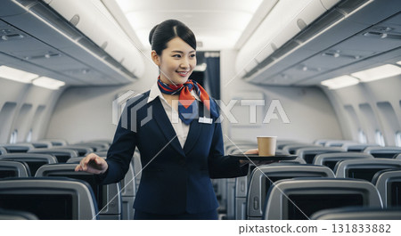 客艙乘務員為機上乘客提供服務 131833882