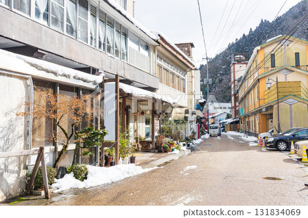 Yubara Onsen town dressed in winter clothes 131834069