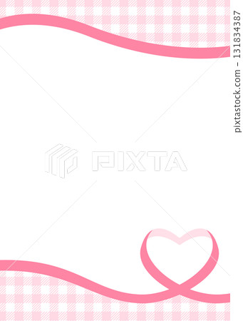 Heart-shaped ribbon decorative frame, gingham background, portrait orientation 131834387