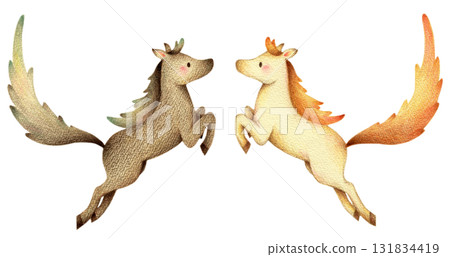 跳躍的長尾巴白馬和黑馬-手繪色鉛筆畫 跳躍的長尾巴白馬和黑馬-手繪色鉛筆畫 131834419