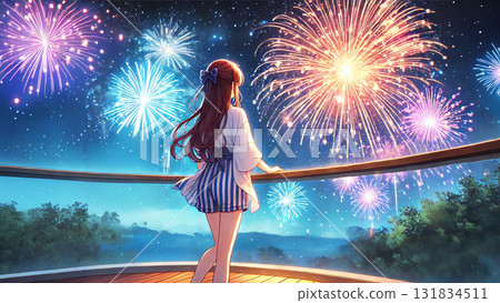 Woman watching fireworks on a summer night 131834511