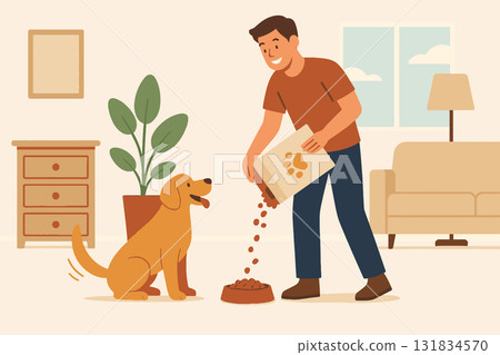 Young man feeding dog at home 131834570
