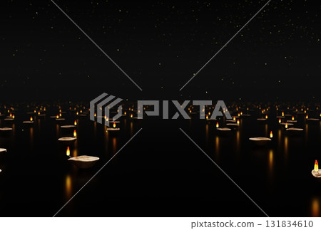 Diwali The Festival Of Lights, A magical Diwali night shines with lit lamps and golden decorations, great for a spiritual celebration illustration. 131834610