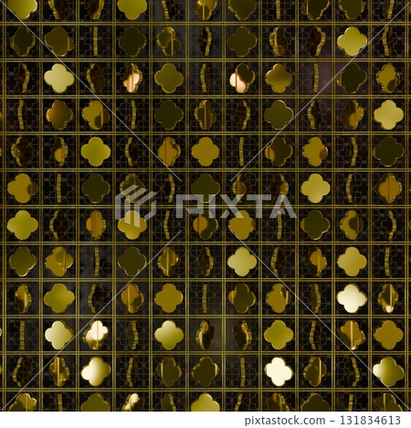 Gold Grid Clover Pattern Background, A rich gold clover grid background glimmers with subtle textures, ideal for a classy decorative illustration. 131834613
