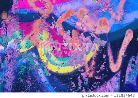 Vibrant Graffiti Texture in Neon Pink, Purple, Blue with Retro 80s Vibe 131834648