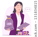 Bank Employee Presents Loan Money Bag with Stack of Cash Money Bundle for Bank Loan and Financial Concept Illustration 131834815