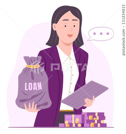 Bank Employee Presents Loan Money Bag with Stack of Cash Money Bundle for Bank Loan and Financial Concept Illustration Bank Employee Presents Loan Money Bag with Stack of Cash Money Bundle for Bank Loan and Financial Concept Illustration 131834815