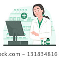 Female Pharmacist Standing at Pharmacy Counter in Drugstore for Pharmaceutical, Healthcare and Medical Occupation Concept Illustration 131834816
