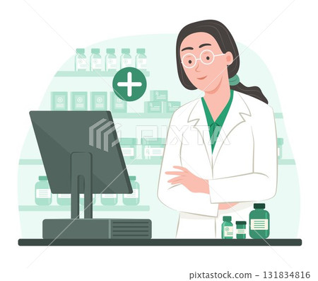 Female Pharmacist Standing at Pharmacy Counter in Drugstore for Pharmaceutical, Healthcare and Medical Occupation Concept Illustration 131834816